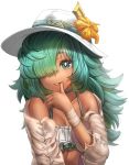  1girl :p absurdres bandaged_wrist bare_shoulders bikini blush braco choker collarbone dark_skin eyebrows_visible_through_hair finger_licking flower granblue_fantasy green_choker green_eyes green_hair hair_over_one_eye hat hat_flower highres kolulu_(granblue_fantasy) licking long_hair long_sleeves looking_at_viewer off_shoulder ribbon_choker simple_background smile solo swimsuit tongue tongue_out upper_body white_background white_bikini yellow_flower 