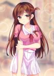  1girl absurdres bangs blurry blurry_background braid breasts brown_hair closed_mouth collarbone cowboy_shot english_commentary eyebrows_visible_through_hair highres kanojo_okarishimasu large_breasts long_hair looking_at_viewer mizuhara_chizuru neck_ribbon pink_shirt puffy_short_sleeves puffy_sleeves red_ribbon ribbon shirt short_sleeves skirt solo white_skirt yaya_chan 