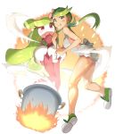  1girl :p commentary_request dark_skin fire full_body gen_7_pokemon green_eyes green_footwear green_hair highres holding holding_ladle ladle legs long_hair looking_at_viewer mallow_(pokemon) ochadzuke pokemon pokemon_(creature) pokemon_(game) pokemon_sm pot sleeveless tongue tongue_out tsareena twintails 