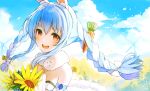  1girl :d animal_ear_fluff animal_ears bangs bare_shoulders blue_hair blush bow braid breasts carrot_hair_ornament commentary_request day detached_sleeves don-chan_(hololive) dress eyebrows_visible_through_hair flower food_themed_hair_ornament hair_between_eyes hair_bow hair_ornament highres hololive long_hair looking_at_viewer multicolored_hair open_mouth outdoors puffy_sleeves rabbit_ears red_eyes short_eyebrows sidelocks small_breasts smile snozaki strapless strapless_dress sunflower thick_eyebrows twin_braids twintails two-tone_hair upper_body upper_teeth usada_pekora virtual_youtuber white_bow white_dress white_hair white_sleeves wind_turbine windmill yellow_flower 