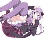  1girl :o ahoge bangs blush dress flat_chest full_body hair_ornament highres hood jacket long_hair long_sleeves looking_at_viewer low_twintails open_mouth panties pantyshot purple_dress purple_hair purple_legwear simple_background sleeves_past_wrists solo striped tantan_men_(dragon) thigh-highs twintails underwear upskirt v violet_eyes vocaloid voiceroid white_background yuzuki_yukari 