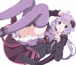  1girl :o ahoge bangs blush dress flat_chest full_body hair_ornament highres hood jacket long_hair long_sleeves looking_at_viewer low_twintails open_mouth panties pantyshot purple_dress purple_hair purple_legwear simple_background sleeves_past_wrists solo striped tantan_men_(dragon) thigh-highs twintails underwear upskirt v violet_eyes vocaloid voiceroid white_background yuzuki_yukari 