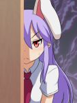  1girl animal_ears aura bangs cato_(monocatienus) commentary extra_ears eyebrows_visible_through_hair frown hair_between_eyes long_hair necktie peeking_out purple_hair rabbit_ears red_eyes red_neckwear reisen_udongein_inaba shirt short_sleeves sidelocks solo sweatdrop touhou upper_body v-shaped_eyebrows white_shirt 