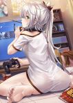  1girl ass barefoot blush breasts controller food food_girls food_in_mouth from_behind game_controller green_eyes hair_between_eyes headphones headphones_around_neck highres indoors ks_(xephyrks) long_hair looking_back mouth_hold naked_shirt no_panties off-shoulder_shirt off_shoulder pocky ponytail profile shirt silver_hair sitting small_breasts soles solo tile_floor tiles wariza 