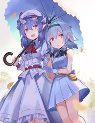  2girls alternate_costume arm_hug ascot bare_arms blue_hair bow braid dress gloves green_bow green_hairband hair_bow hairband hat hat_ribbon highres holding holding_umbrella izayoi_sakuya looking_at_viewer medium_hair mob_cap multiple_girls open_mouth petals pointy_ears pouch puffy_short_sleeves puffy_sleeves red_eyes red_neckwear red_ribbon remilia_scarlet ribbon rin_falcon shirt short_dress short_sleeves silver_hair skirt skirt_set sleeveless sleeveless_dress smile standing touhou twin_braids umbrella white_dress white_gloves wrist_cuffs younger 