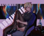  1girl absinthe_(arknights) animal_ears arknights bangs bear_ears black_choker black_footwear black_shirt blush bottle breasts chair chinese_commentary choker commentary_request cup drinking_glass feet_out_of_frame grey_hair highres jangsunyo knee_up large_breasts long_sleeves looking_at_viewer partial_commentary purple_background red_eyes shirt shoes short_hair sitting solo thigh-highs thighs 