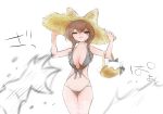  1girl basket bikini black_bikini black_eyes braid breasts brown_hair flippers hat highres hip_focus minya_(nyanko_daisensou) murayamawataru nyanko_daisensou straw_hat swimsuit twin_braids 