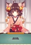  1girl animal_ears bangs bell black_skirt blurry blurry_background blush bow brown_hair brown_kimono choker closed_mouth commentary_request daidai_ookami depth_of_field eyebrows_visible_through_hair hair_bell hair_ornament hair_ribbon highres ichihime japanese_clothes jingle_bell kimono long_sleeves looking_at_viewer mahjong mahjong_soul mahjong_table mahjong_tile obi pleated_skirt red_bow red_choker red_eyes red_ribbon ribbon sash skirt sleeves_past_wrists solo translation_request wide_sleeves 