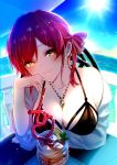  1girl bangs bare_shoulders bikini black_bikini blush breasts collarbone day eyebrows_visible_through_hair h56tom hair_ribbon heterochromia highres hololive houshou_marine jewelry large_breasts long_hair looking_at_viewer necklace off_shoulder outdoors red_eyes redhead ribbon smile solo swimsuit table twintails virtual_youtuber wet yellow_eyes 