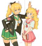  2girls black_bow blonde_hair blue_earrings blue_eyes bow bowsette curly_hair fang green_skirt hair_bow hand_on_hip hand_up hands_on_lap horns jacket jivke leather leather_jacket super_mario_bros. multiple_girls patches pink_bow princess_peach skirt surprised wide-eyed 