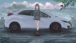  1girl black_hair car collared_shirt grey_sweater ground_vehicle hands_in_pockets highres honda honda_civic logo momo_hiki motor_vehicle original personification red_eyes shirt solo standing sweater vehicle_focus 