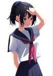  1girl black_hair blue_sailor_collar highres mamyouda original pleated_skirt ponytail red_neckwear sailor_collar school_uniform scrunchie serafuku short_sleeves skirt solo sweat upper_body white_background wiping_sweat 