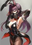  1girl animal_ears armpits bangs black_legwear bow bowtie breasts coattails elbow_gloves fake_animal_ears gas_mask girls_frontline gloves hair_ribbon hand_behind_head large_breasts leotard long_hair looking_at_viewer one_side_up pantyhose purple_hair qian_wu_atai rabbit_ears red_eyes ribbon solo very_long_hair wa2000_(girls_frontline) 