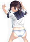  1girl ass bangs blue_eyes blush brown_hair burenbo closed_mouth commentary commentary_request eyebrows_visible_through_hair from_behind hair_strand highres long_hair looking_at_viewer looking_back no_pants original panties school_uniform serafuku short_sleeves simple_background solo standing twintails underwear white_panties 