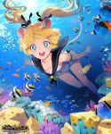  1girl air_bubble animal_ears armband blonde_hair blue_eyes bubble character_request chkuyomi commentary_request copyright_name coral fish hair_ribbon long_hair official_art open_mouth ribbon sailor_collar shingeki_no_bahamut smile swimming swimsuit symbol-shaped_pupils twintails underwater white_swimsuit 
