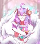  1girl ahoge alternate_costume alternate_hair_color alternate_hairstyle animal_ears blue_hair cherry_blossoms closed_eyes curled_horns flower fur hair_between_eyes hair_flower hair_ornament horns kindred lamb_(league_of_legends) league_of_legends long_hair purple_hair ribbon sheep_girl smile spirit_blossom_kindred tongue tongue_out twintails white_fur white_hair wolf wolf_(league_of_legends) 