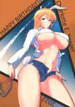  1girl animal_ears bikini blue_eyes blue_shorts blush breasts character_name charlotte_e._yeager eyebrows_visible_through_hair goggles grin hand_on_hip happy_birthday highres holding holding_goggles large_breasts long_hair looking_at_viewer navel orange_hair rabbit_ears rabbit_tail shiny shiny_hair short_shorts shorts smile solo strike_witches swimsuit tail under_boob varie7k white_bikini world_witches_series 