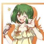  1girl ;d bangs bow brown_eyes collarbone eyebrows_visible_through_hair green_hair hair_between_eyes highres holding holding_microphone looking_at_viewer macross macross_frontier medium_hair microphone one_eye_closed open_mouth orange_background orange_bow orange_ribbon polka_dot polka_dot_background pote-mm ranka_lee ribbon shiny shiny_hair shirt short_sleeves smile solo star_(symbol) upper_body white_background wrist_ribbon yellow_shirt 