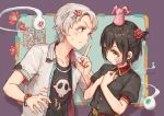  1boy 1girl belt black_hair commentary flower genderswap hair_flower hair_ornament hanako_(jibaku_shounen_hanako-kun) highres hitodama jibaku_shounen_hanako-kun kyouran_de_onikoushi magatama magatama_hair_ornament red_eyes short_hair short_ponytail side_ponytail sweatdrop white_hair yashiro_nene yellow_eyes 