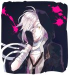  1boy bandages black_jacket black_necktie blue_background border corpse_heart hayuki106 hood hood_up jacket long_hair looking_at_viewer loose_necktie low_ponytail male_focus necktie one_eye_covered shirt solo valerie_(corpse_heart) white_border white_hair white_shirt yellow_eyes 