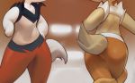  2girls alternate_color ass bunny_tail commentary_request flat_chest from_behind furry gen_8_pokemon gradient gradient_background hand_on_hip hand_up head_out_of_frame highres inkune legs_apart multiple_girls navel paws pokemon pokemon_(creature) red_background scorbunny shiny_pokemon simple_background standing stomach tail 