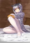 1girl absurdres bangs bed_sheet black_hair blonde_hair coat eyebrows_visible_through_hair frown fur_collar grey_coat grey_hair hair_between_eyes hand_on_own_knee highres indoors kemono_friends long_sleeves looking_at_viewer multicolored_hair no_shoes northern_white-faced_owl_(kemono_friends) on_bed pantyhose short_hair sitting solo white_hair white_legwear wooden_wall yellow_eyes 