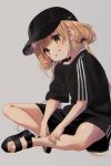  1girl bangs black_footwear black_shirt black_shorts blue21 blush brown_eyes crossed_legs futaba_anzu grey_background grin hat idolmaster idolmaster_cinderella_girls light_brown_hair long_hair low_twintails sandals shirt short_sleeves shorts simple_background sitting smile solo twintails 