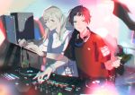  (stag) 2girls after_hours black_hair blonde_hair bracelet club dj earrings headphones headphones_around_neck highres jewelry long_hair macbook multiple_girls phonograph shirt short_hair sweat t-shirt turntable watch watch weapon yuri 