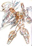  1girl character_request clenched_hand color_trace dual_wielding extra_arms gun gundam highres holding holding_gun holding_weapon kumichou_(ef65-1118-ef81-95) looking_to_the_side mecha mecha_musume navel visor weapon 