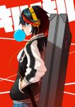  1girl absurdres bandaid bandaid_on_cheek bandaid_on_nose black_hair black_jacket blue_skirt breasts chewing_gum commentary_request eyebrows_visible_through_hair from_side hand_in_pocket headphones highres jacket kill_la_kill kya_(kyamonhara) long_sleeves looking_at_viewer matoi_ryuuko medium_breasts multicolored multicolored_clothes multicolored_hair multicolored_jacket pleated_skirt redhead short_hair skirt solo streaked_hair suitcase translation_request v-shaped_eyebrows white_jacket 