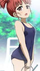  1girl absurdres artist_name bangs blue_sky blue_swimsuit blunt_bangs blurry blurry_background blush breasts commentary covered_navel dated day depth_of_field eyebrows_visible_through_hair frown girls_und_panzer hair_tie highres holding looking_at_viewer mikko_(girls_und_panzer) old_school_swimsuit one-piece_swimsuit open_mouth outdoors red_eyes redhead school_swimsuit short_hair short_twintails sky small_breasts solo standing swimsuit tonan_leopard twintails 