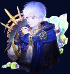  1boy blue_cloak blue_eyes cloak closed_mouth crystal earrings fingernails hair_between_eyes hood hood_down jewelry male_focus moryo original signature single_earring upper_body white_hair 