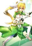  1girl bangs black_gloves blonde_hair boots breastplate commentary_request dress eyebrows_visible_through_hair glint gloves green_dress green_eyes hair_between_eyes hair_ornament high_heel_boots high_heels highres holding holding_sword holding_weapon is_ii juliet_sleeves leafa long_hair long_sleeves looking_at_viewer parted_lips ponytail puffy_sleeves sheath solo standing sword sword_art_online:_alicization thigh-highs thigh_boots unsheathing v-shaped_eyebrows vambraces very_long_hair weapon white_footwear white_legwear 