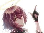  1girl arknights bangs black_gloves brown_eyes closed_mouth exusiai_(arknights) fingerless_gloves gloves hair_between_eyes highres index_finger_raised kaxnight looking_at_viewer portrait redhead short_hair simple_background smile solo white_background 