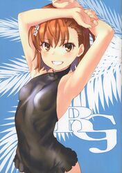  1girl absurdres arms_up bikini black_swimsuit brown_eyes brown_hair frilled_bikini frills highres huge_filesize looking_at_viewer misaka_mikoto one-piece_swimsuit raika9 scan smile solo swimsuit teeth to_aru_kagaku_no_railgun to_aru_majutsu_no_index 