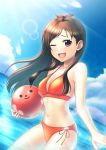  1girl ball bikini blue_sky breasts brown_hair clouds day dutch_angle highres idolmaster idolmaster_cinderella_girls long_hair looking_at_viewer medium_breasts one_eye_closed open_mouth orange_bikini outdoors red_eyes side-tie_bikini sky smile solo swimsuit taba_neruko tsujino_akari 