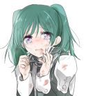  1girl bangs black_order_uniform bruise_on_face crying d.gray-man eyebrows_visible_through_hair green_hair hair_between_eyes lenalee_lee long_hair long_sleeves looking_at_viewer lowres open_mouth shiny shiny_hair shumiko_(kamenokoueki) simple_background solo sweatdrop twintails upper_body violet_eyes wavy_mouth white_background 