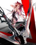  1girl android ass bare_shoulders beatless blade collarbone fingernails glowing gun highres holding holding_gun holding_weapon huge_weapon kouka_(beatless) long_fingernails long_hair parted_lips red_eyes redhead redjuice see-through smile solo weapon 