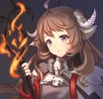  1girl ahoge animal_ears arknights brown_hair chagara commentary eyjafjalla_(arknights) fire grey_background head_tilt holding holding_staff horns long_hair originium_arts_(arknights) parted_lips pink_eyes sheep_ears sheep_horns simple_background solo staff upper_body 
