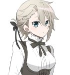  1girl ange_(princess_principal) asymmetrical_bangs bangs black_ribbon blue_eyes braid bustier dress_shirt eyebrows_visible_through_hair hair_between_eyes hair_ribbon long_sleeves neck_ribbon parted_lips princess_principal ribbon shiny shiny_hair shirt short_hair shumiko_(kamenokoueki) silver_hair simple_background single_braid solo turtleneck upper_body white_background white_shirt 