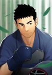  1boy bamboo bamboo_forest bara black_hair blurry blurry_background collarbone forest itto_(mentaiko) japanese_clothes kimono leaf leaves_in_wind male_focus nature original scar simple_background smile solo sweat training upper_body 