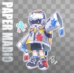  1boy backpack bag beco_(100me) black_footwear checkered checkered_background copyright_name full_body grey_jacket headphones highres huey_(paper_mario) jacket male_focus super_mario_bros. no_mouth one_eye_closed outline oversized_clothes paint_splatter paper_mario paper_mario:_color_splash personification scissors shoes shorts single_vertical_stripe sneakers solo tag white_hair white_outline 