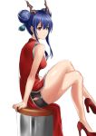  1girl arknights arm_support bangs bare_legs black_shorts blue_hair breasts ch&#039;en_(arknights) china_dress chinese_clothes commentary_request crossed_legs double_bun dragon_horns dress hair_between_eyes high_heels highres horns korean_commentary long_hair looking_at_viewer medium_breasts rankketer red_dress red_footwear shorts sidelocks simple_background sitting sleeveless sleeveless_dress solo thighs violet_eyes white_background 