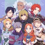  3girls 5boys annette_fantine_dominic anniversary armor ashe_ubert axe black_hair blonde_hair blue_eyes brown_gloves capelet closed_eyes closed_mouth dark_skin dark_skinned_male dedue_molinaro dimitri_alexandre_blaiddyd dress earrings eyepatch felix_hugo_fraldarius fire_emblem fire_emblem:_three_houses fur_trim gloves green_eyes grey_hair hat highres holding holding_axe ingrid_brandl_galatea jewelry long_hair long_sleeves mercedes_von_martritz multiple_boys multiple_girls noshima open_mouth orange_hair polearm redhead short_hair sylvain_jose_gautier weapon 