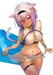  1girl ahoge animal_ears bikini blush breasts cat_ears cat_tail hairband hololive hoshara looking_at_viewer medium_breasts navel nekomata_okayu purple_hair sarong sarong_lift short_hair simple_background skindentation solo swimsuit tail thigh_strap violet_eyes virtual_youtuber white_background white_bikini 