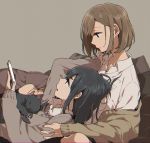  2girls black_cat black_hair blue_eyes brown_eyes cardigan cat collared_shirt couch cushion hand_on_shoulder hand_up light_brown_hair long_sleeves lying lying_on_person medium_hair multiple_girls on_back original phone ree_(re-19) shirt short_hair sitting sleeping_animal white_shirt 