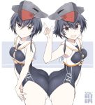  2girls :d ass ass-to-ass asymmetrical_hair black_hair black_swimsuit brown_eyes character_name cowboy_shot eyebrows_visible_through_hair hair_between_eyes hat i-13_(kantai_collection) i-14_(kantai_collection) kantai_collection multiple_girls neckerchief one-piece_swimsuit open_mouth sailor_collar sailor_shirt school_swimsuit shirt short_hair sleeveless sleeveless_shirt smile souji swimsuit white_sailor_collar 