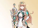  1girl absurdres bangs bare_shoulders blonde_hair breasts chest_jewel dress gloves highres mythra_(xenoblade) jewelry large_breasts long_hair miaxkr short_dress smile solo swept_bangs tiara white_dress white_gloves xenoblade_(series) xenoblade_2 yellow_eyes 