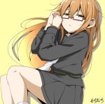  1girl artist_name black_sailor_collar black_serafuku black_skirt brown_eyes brown_hair closed_mouth feet_out_of_frame glasses hair_between_eyes kantai_collection long_hair long_sleeves mochizuki_(kantai_collection) moti_coi pleated_skirt red-framed_eyewear sailor_collar school_uniform semi-rimless_eyewear serafuku signature skirt socks solo under-rim_eyewear white_legwear yellow_background 