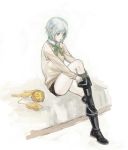  1girl allen_walker bed black_footwear black_shorts boots d.gray-man genderswap genderswap_(mtf) green_ribbon knee_boots long_sleeves neck_ribbon on_bed ribbon short_hair short_shorts shorts silver_hair simple_background sitting sitting_on_bed solo sweater timcanpy tsuzukitsuzuki white_background white_sweater 